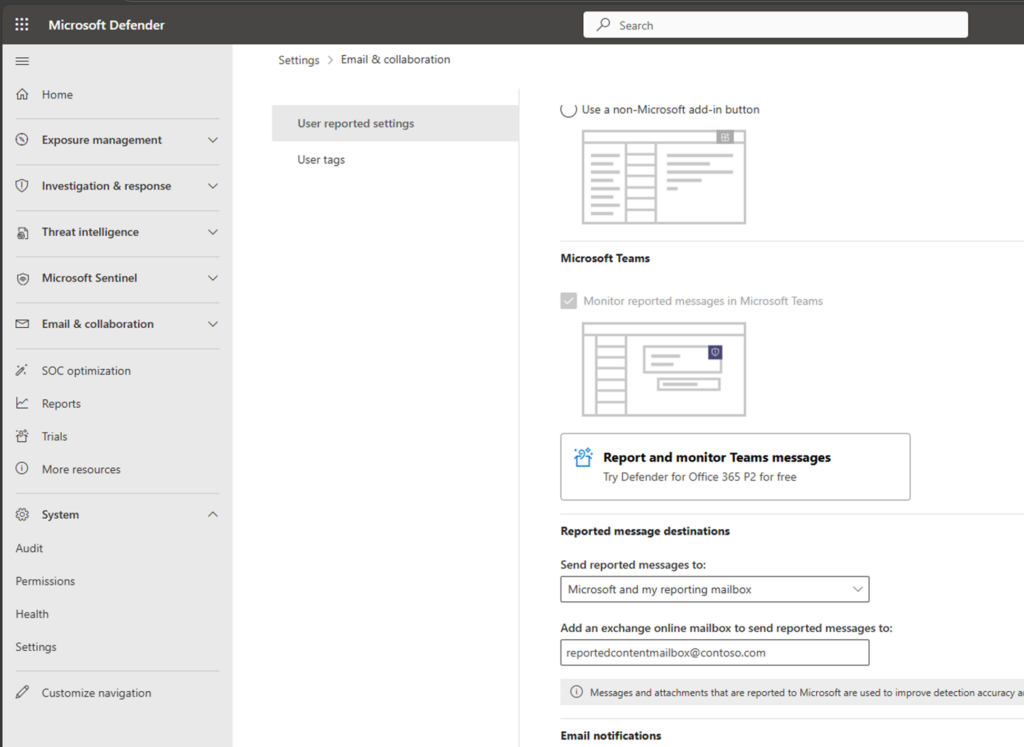 Microsoft Defender portal: Settings > Email & collaboration > User reported settings, showing where reported messages are sent